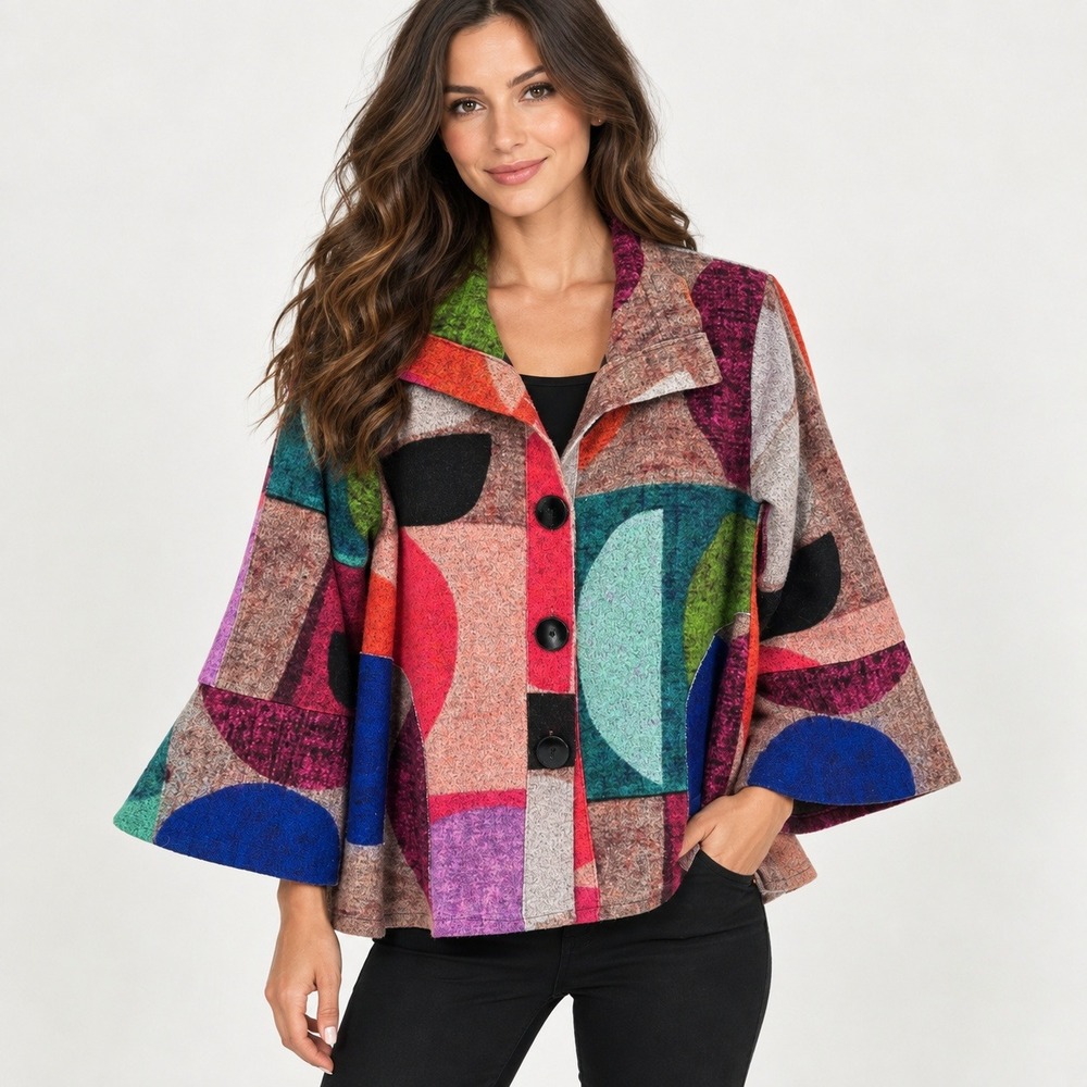 Damee New York Womens S Abstract Geometric Swing Jacket Lagenlook Art to Wear